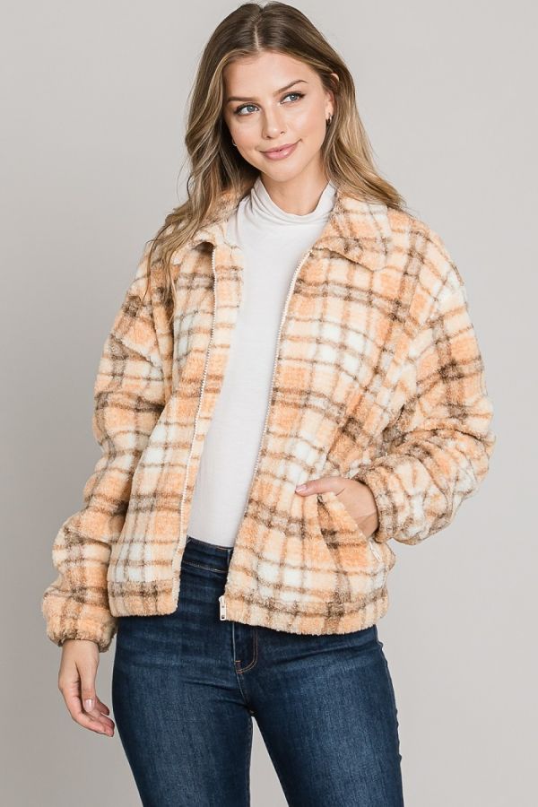 ALLIE ROSE PLAID SHERPA COLLAR JACKET - PEACH BROWN