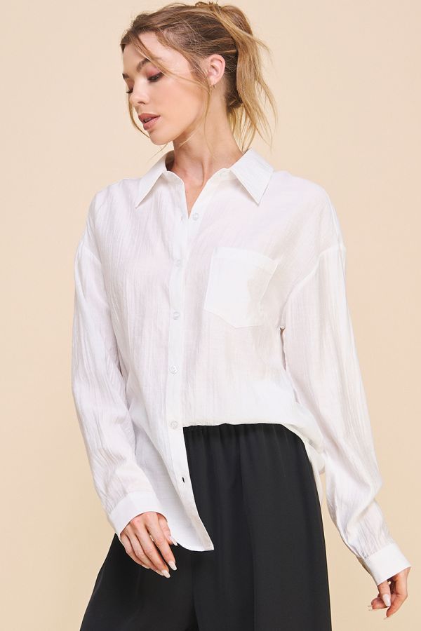 ALLIE ROSE EASY TEXTURED WOVEN BUTTON FRONT SHIRT - WHITE