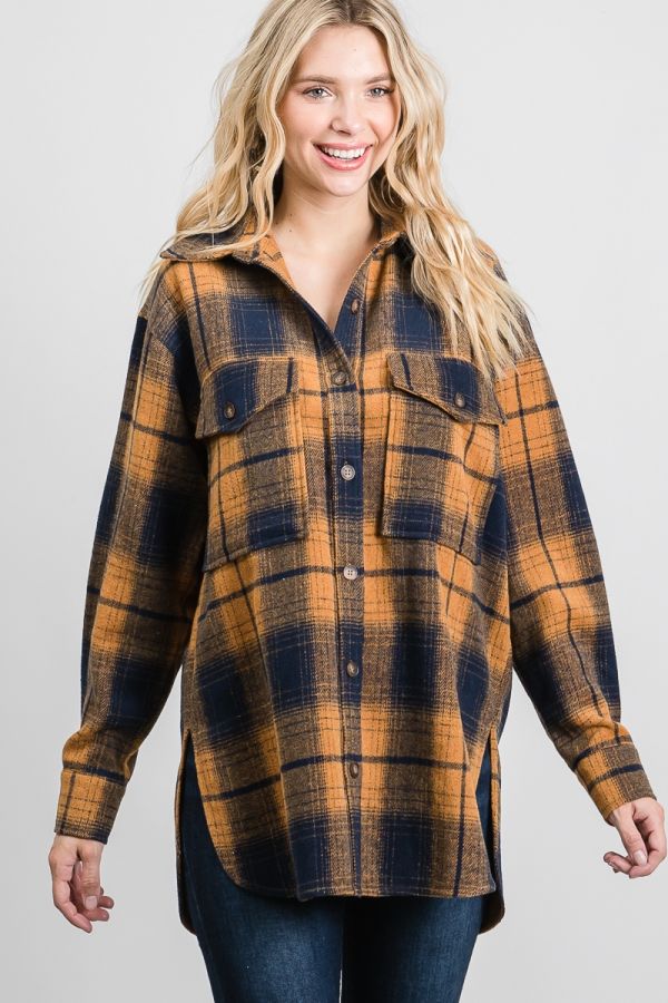 ALLIE ROSE SOFT BRUSHED LIGHT WEIGHT BUTTON FRONT PLAID JACKET - CAMEL / NAVY