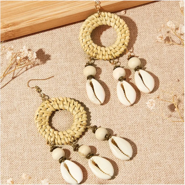 SUNNY CALIFORNIA RATTAN AND SHELL EARRINGS