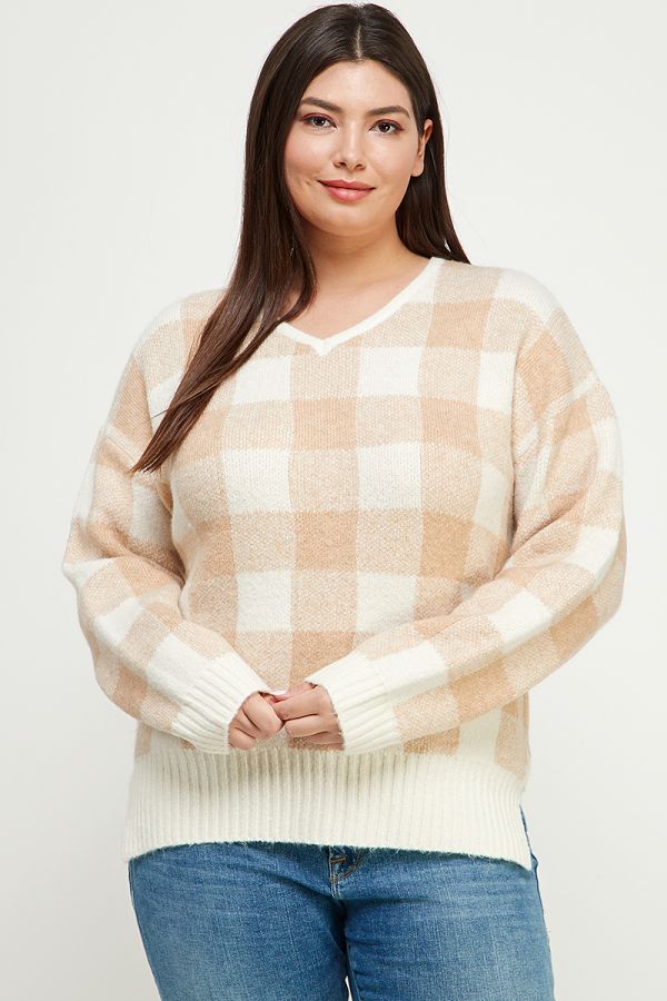 ALLIE ROSE COZY SOFT V NECK PLAID PULLOVER SWEATER W/ SIDE SLITS - CREAM SAND