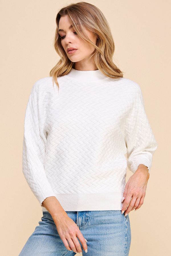 ALLIE ROSE SOFT HERRINGBONE JACQUARD MOCK NECK DOLMAN SWEATER - WHITE