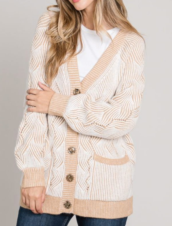 ALLIE ROSE COZY 2 TONE JACQUARD CARDIGAN - SAND