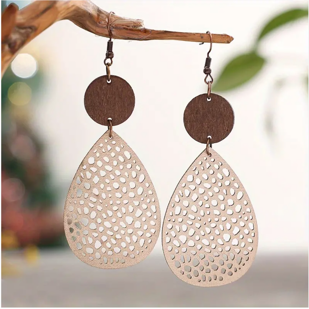 SUNNY CALIFORNIA NATURAL WOOD AND VEGAN LEATHER EARRINGS