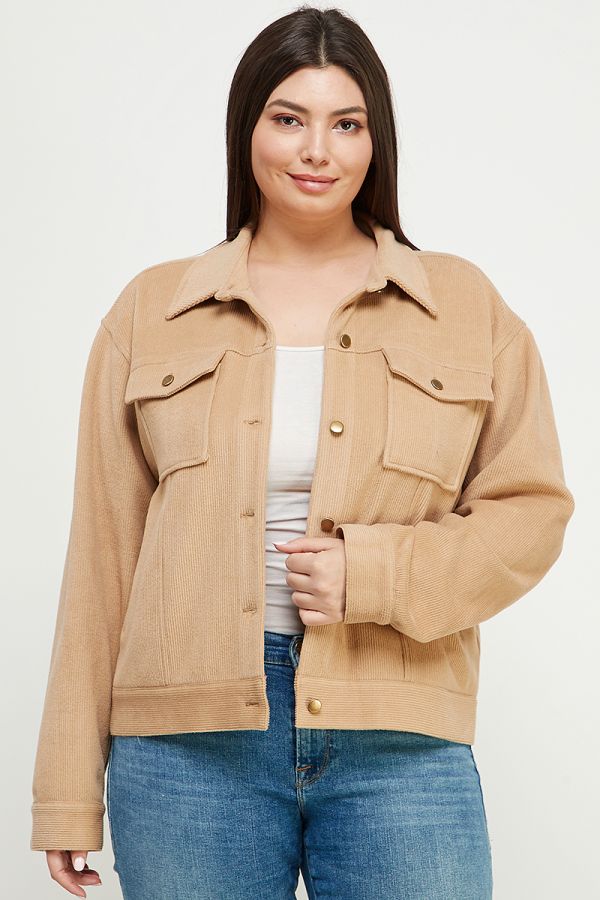 ALLIE ROSE SOFT CORDUROY COLLARED BUTTON FRONT SHORT SHACKET - CAMEL