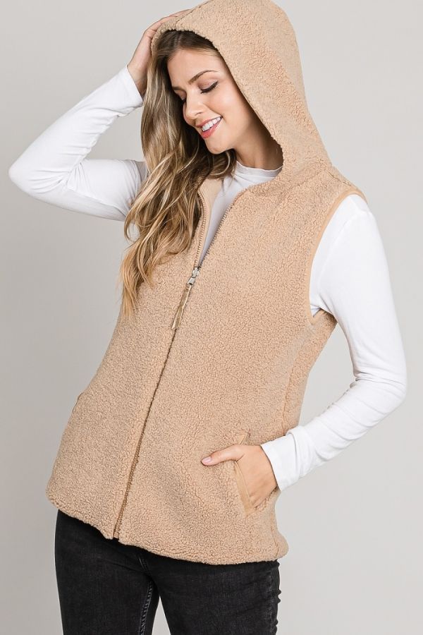 ALLIE ROSE REVERSIBLE SHERPA & SOFT CORDUROY HOOD VEST - CAMEL