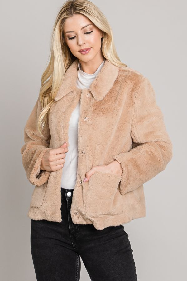 ALLIE ROSE FAUX MINK JACKET W/ BUTTON SNAP CLOSURE - CAMEL