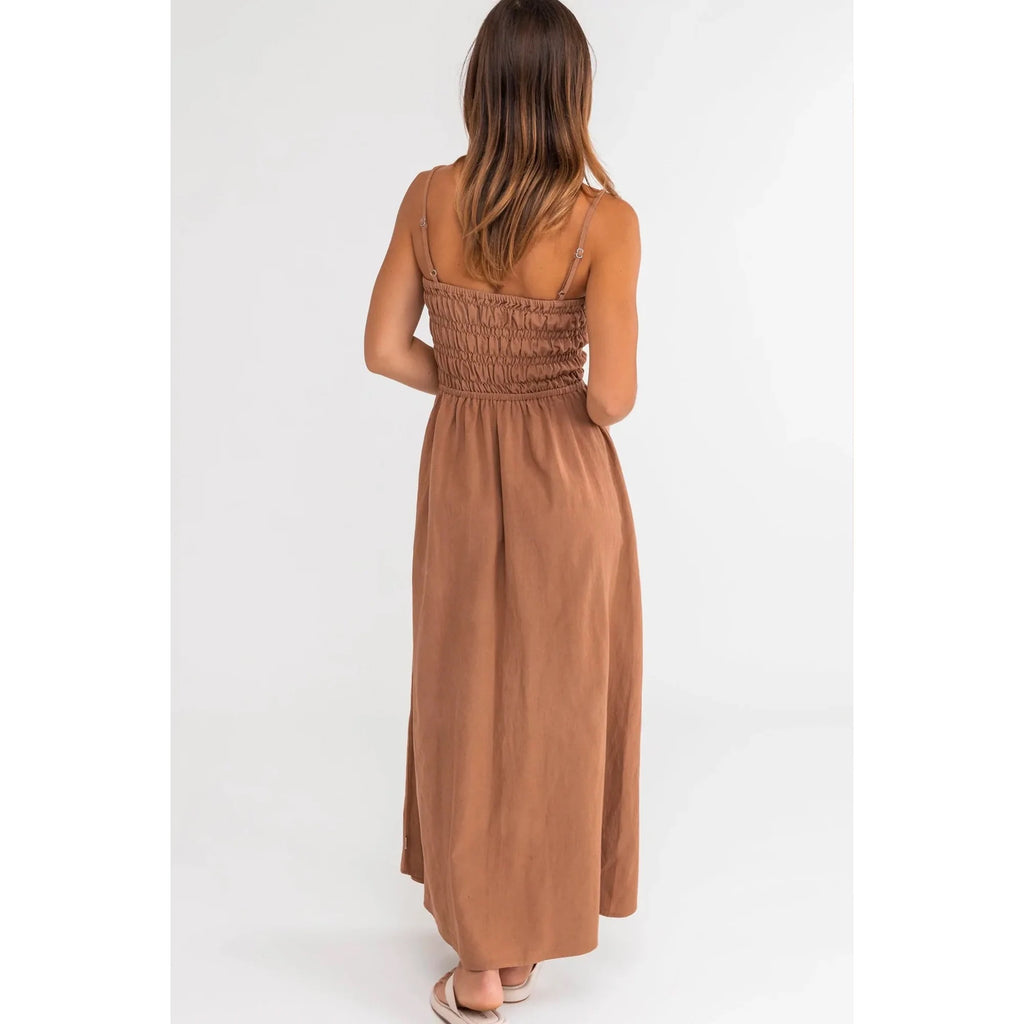 RHYTHM CLASSIC SHIRRED MIDI DRESS - CARAMEL