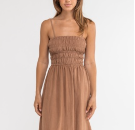 RHYTHM CLASSIC SHIRRED MIDI DRESS - CARAMEL