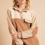 SOFT COZY BRUSHED FABRIC COLOR BLOCK LONG SLEEVE TOP - CAMEL